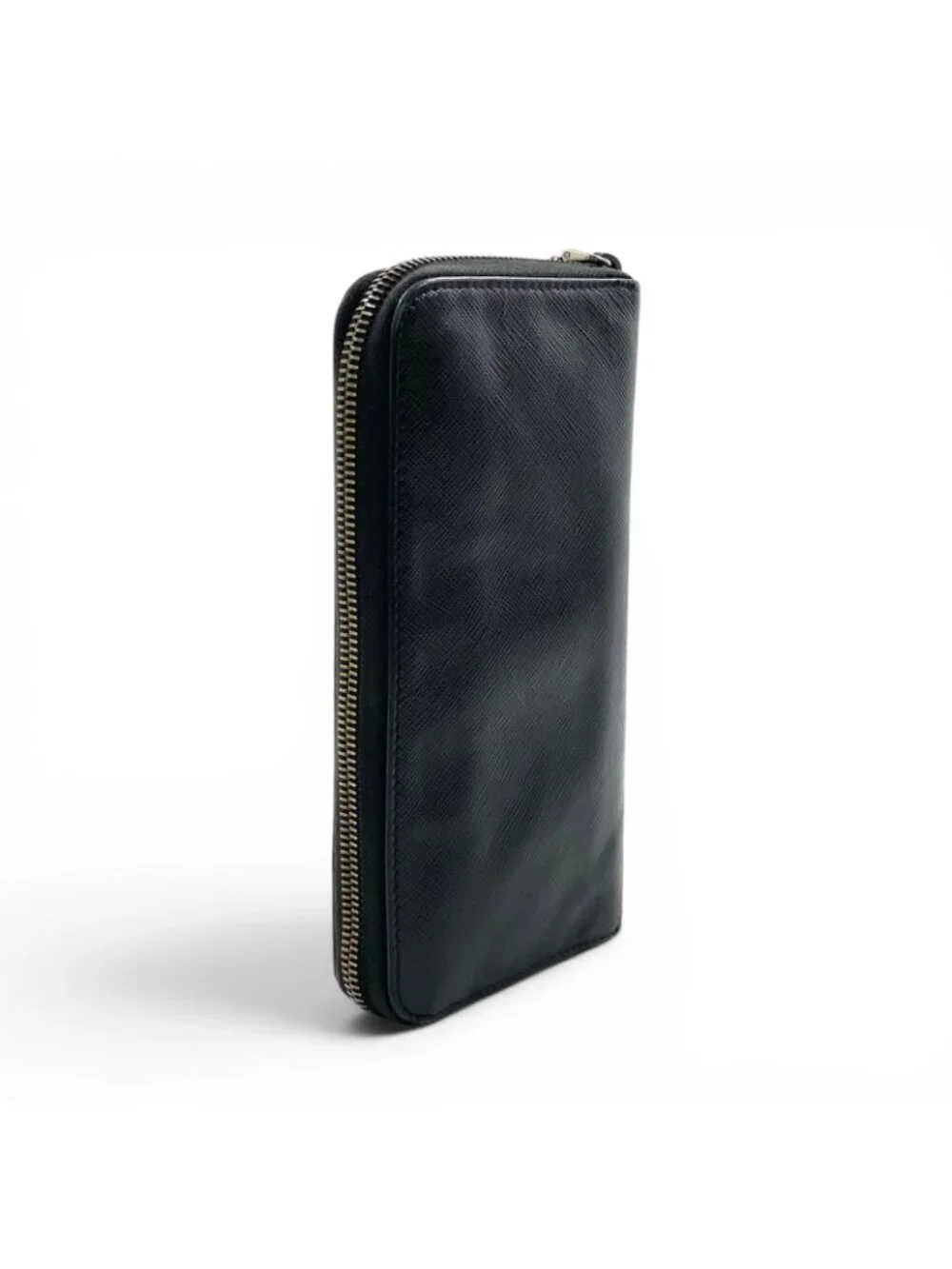 Prada Triangle Logo Zip Around Saffiano Leather Black Wallet